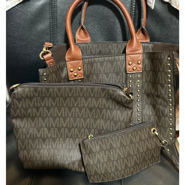 M Marco Collection Brown Monogram‎ 3 pc Set Crossbody Purse Wristlet - Image 5
