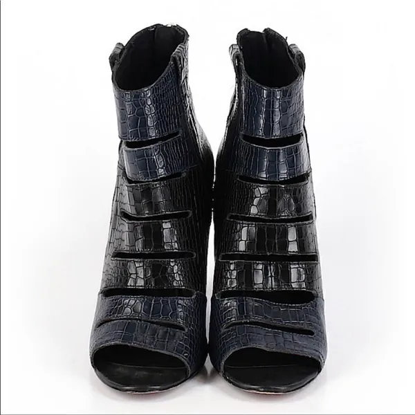 Rebecca Minkoff Sonny Embossed Peep Toe Wedge Booties Size 9 Navy Blue Black - Image 2