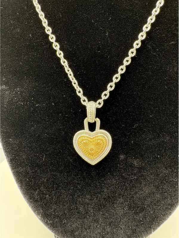 Silver Tone Round Link Chain Necklace Gold Tone Heart Charm Pendant Love - Image 2