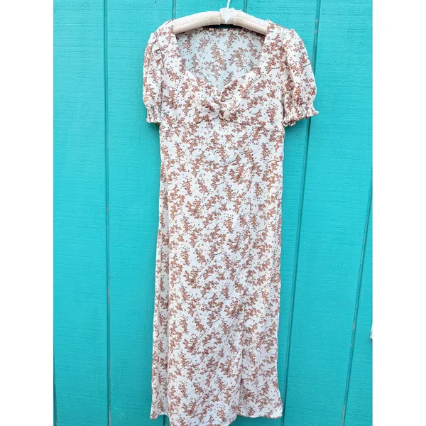 Romantic‎ Ditsy Floral Puff Sleeve Midi Dress White Rust Sweetheart Neck Sl - Image 2