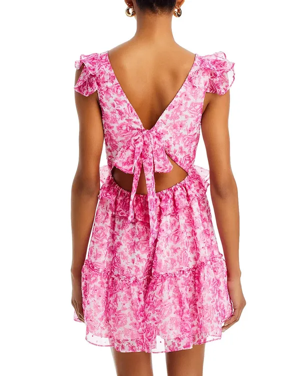 AQUA Pink Floral Ruffle Trim Mini Dress - Image 3