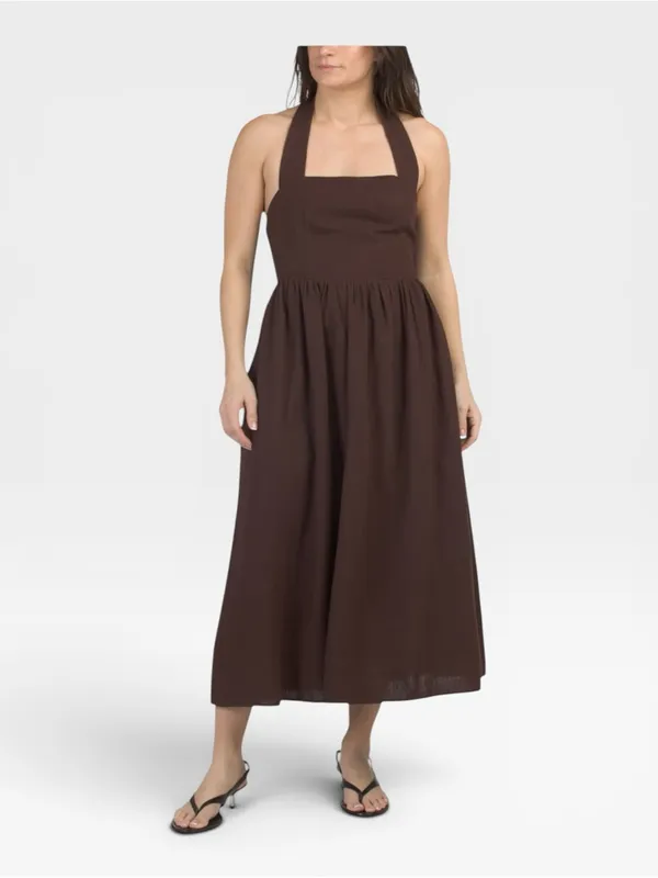 NWT Joie Brown Linen Blend Halter Bow Tie Back Midi Dress Small - Image 2