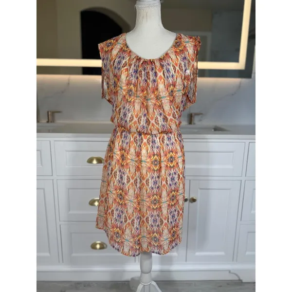 As You Wish Shift Dress Womens L Orange Abstract Print Chiffon Lined Cap Sleeve - Image 17