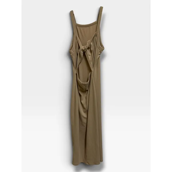 Anna Grace Tan Ribbed Knit Maxi Dress M Open Cutout Knot Back Made in USA - Image 4