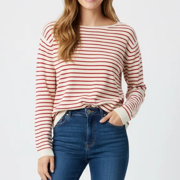 Zara women's viscose ecru and red striped long sleeve knit sweater size L - Image 8