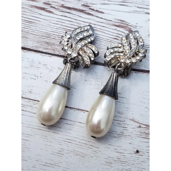 Vintage Clip On Earrings Extra Large Faux Pearl & Clear Gem Statement Dangle - Image 2