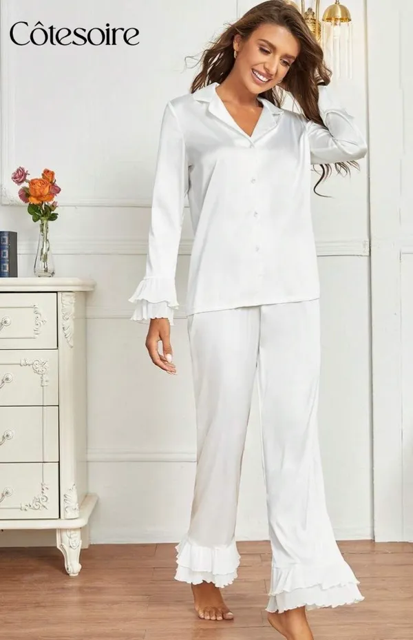 Amazon Satin White Blouse Ruffle Flutter Hem PJ Set - Image 4