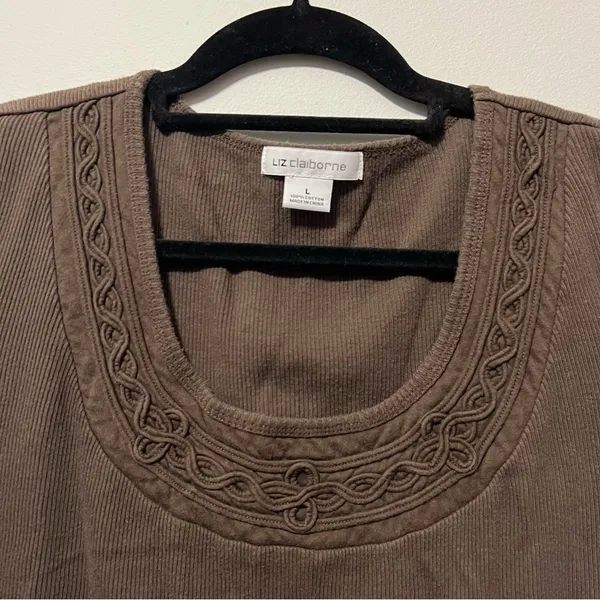 Liz Claiborne Chocolate Brown Y2K Style Ribbed Cotton Top Size L - Image 4
