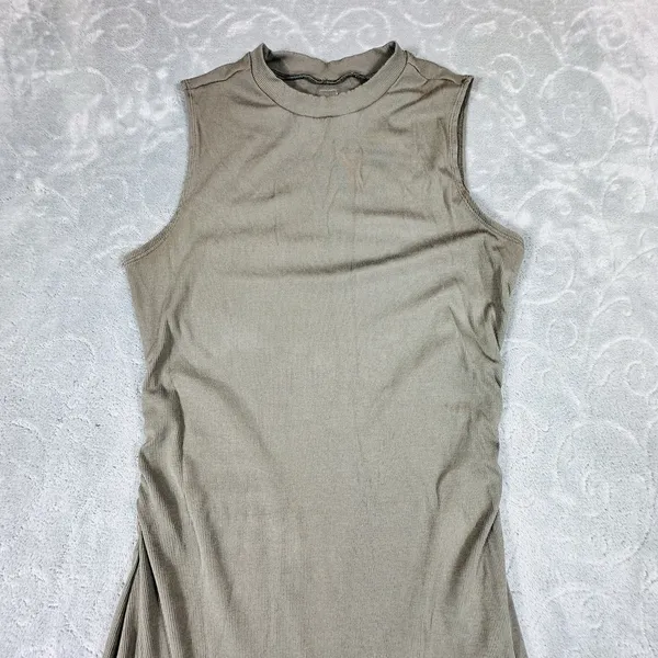 Vuori Pose Modern Maxi Dress Small Olive Green Ribbed Ruched Sleeveless Mock - Image 6