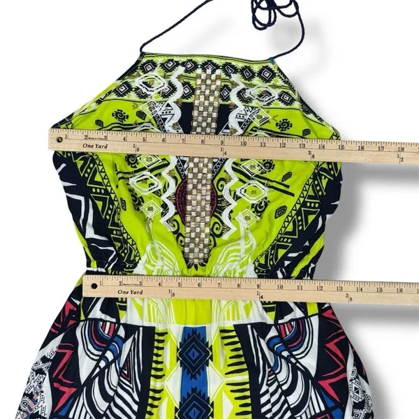 Alya Tribal Print Beaded Maxi‎ Halter Dress Neon Yellow Multicolor Small - Image 11