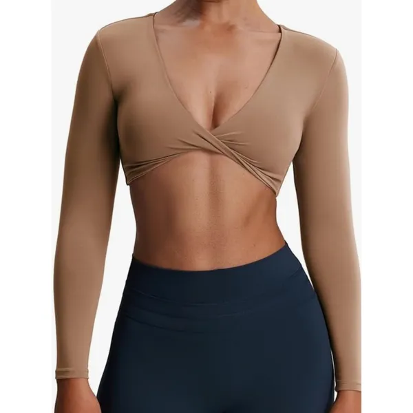 AOXJOX Deep V Twist Front Crop Yoga Top Brownie L NWOT - Image 4