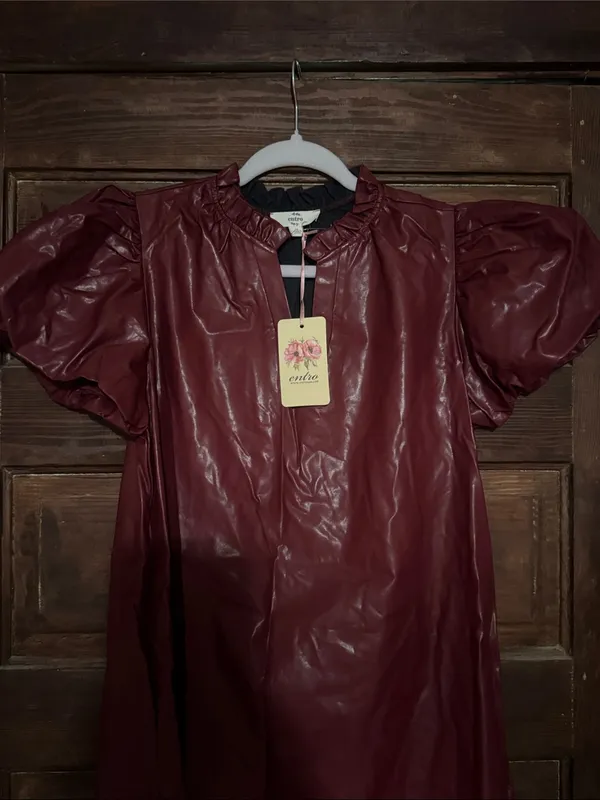 entro Burgundy Puff-Sleeve Faux Leather Dress - Image 2