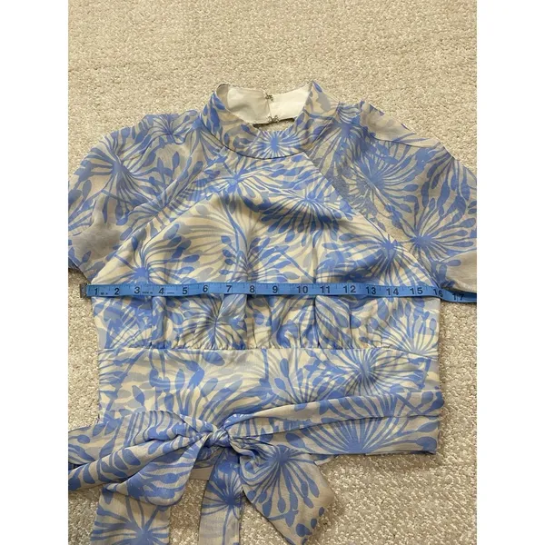 Amanda Uprichard Sheer Floral Cropped Tie Blouse Open Back Mock Neck Blue S - Image 14