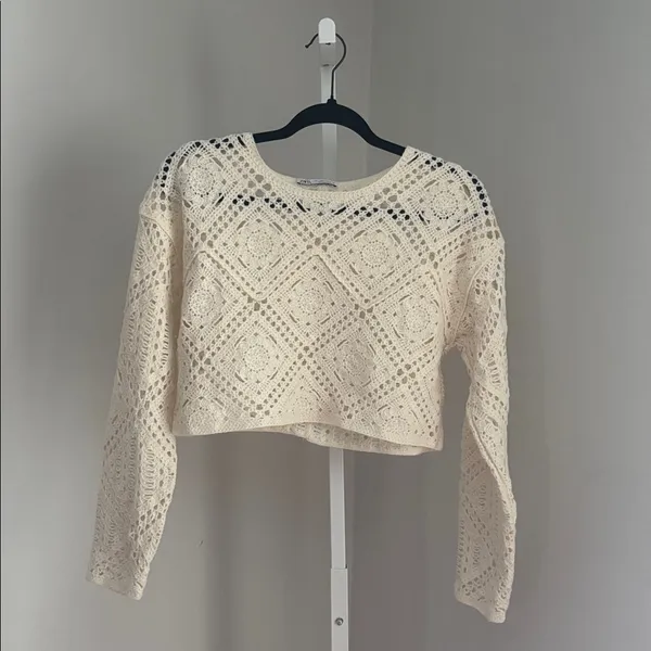 Zara Top Cropped Crochet Sweater Cream Off White Long Sleeve Women’s Size Small - Image 2