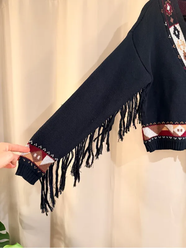 Fate Fringe Cardigan with Burgundy and Tan Accents - Image 2