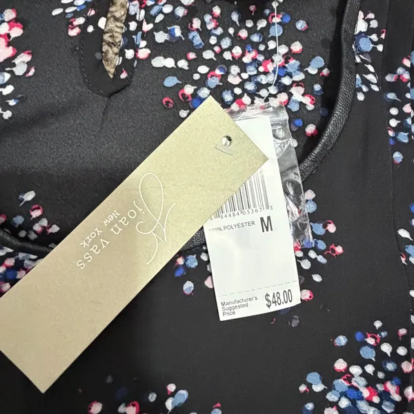 Joan Vass New York Black Confetti Print Sleeveless Blouse Leather Trim M NWT - Image 2