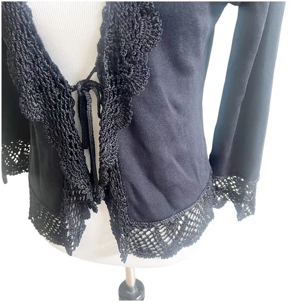 Joseph A. Vintage Knitted Cardigan Size Small Black Crochet Tie Front Whimsygoth - Image 4