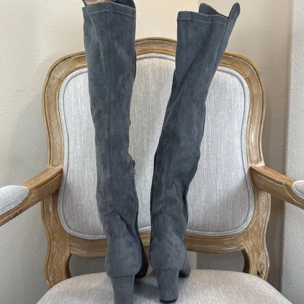 Grey faux Suede Over the Knee Boots Block Heel OTK Charcoal Long Tall Boots 9 - Image 7