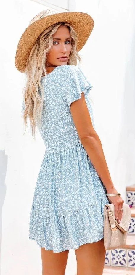 Large Light-Blue Women Sundress, Floral V-Neck Button A-Line Mini Dress, Spring Summer - Image 3