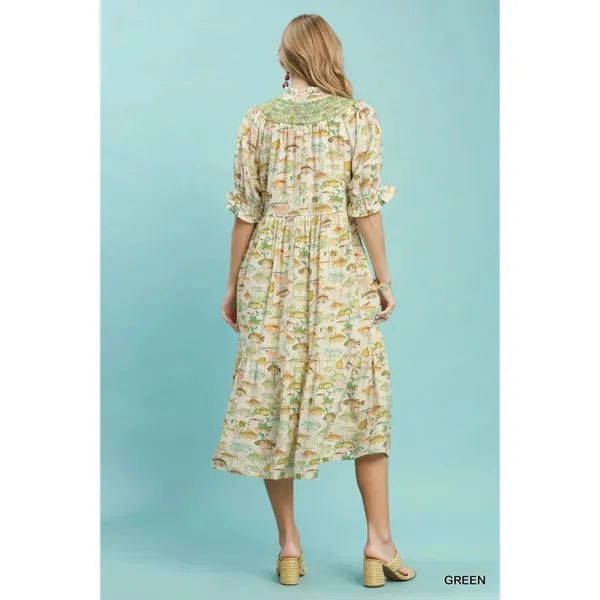 Umgee Print Tiered Midi Dress - Green - Small - Image 3