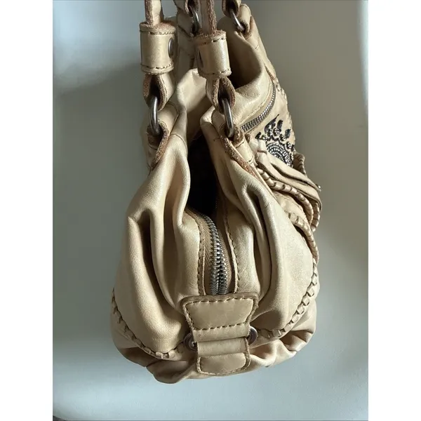 Lockheart Beige Leather Beaded Shoulder Bag Lockheart Handbag Stained - Image 5