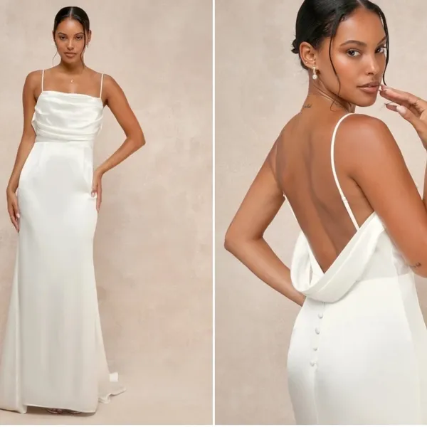 LULU's Bridal Sexy Elegant Sophisticated White Chic Satin Maxi Gown with Train - Image 3