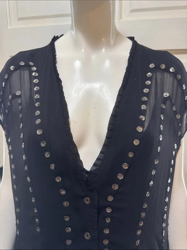 Free People Aston Black Studded Button-Front Sheer Tunic Dress Size Medium. A1 - Image 5