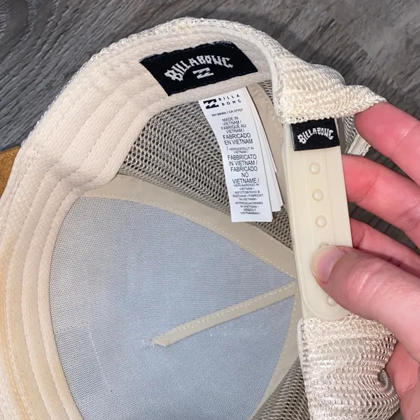 Billabong White Mesh Trucker Hat with Tan Suede Brim Patch - Image 3