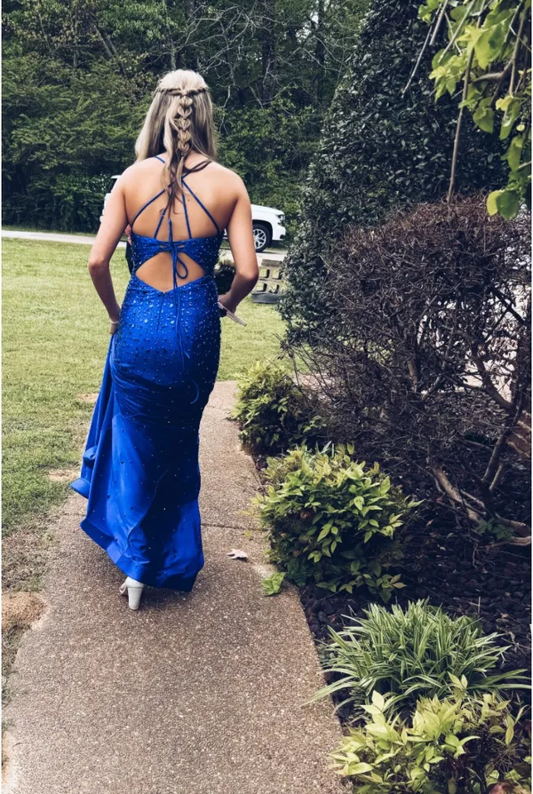 Blue Jonathan Kayne prom dress with slit and open back - Image 2