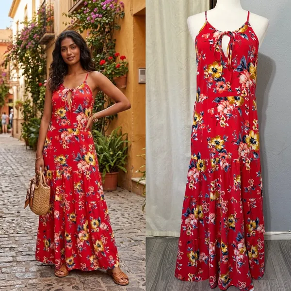 Band of Gypsies Red Floral Tiered Maxi Dress Small Halter Keyhole Boho Sundress - Image 2