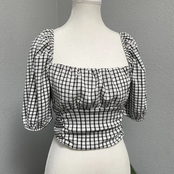 Bershka Plaid Gingham Crop Smocked Milkmaid Top Cottagecore Boho Peasant - Image 2