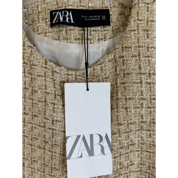 Zara Tweed Vest Women Medium Gold Metallic Belted Longline Sleeveless Jacket NEW - Image 10