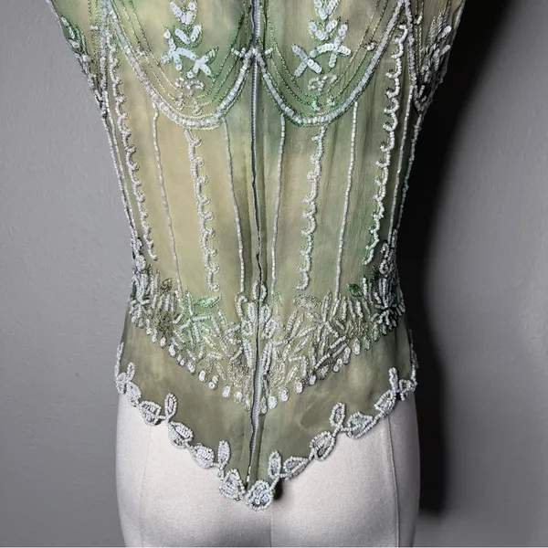 Vintage Green Silk Heavy Beaded Sleeveless Top Boho Fairycore Chic Forest Nymph - Image 8