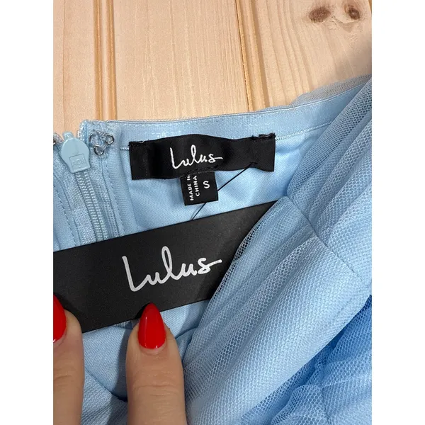 NWT Lulus Delightful Beauty Blue Mesh Strapless Ruched Ruffled Maxi Dress Sz S - Image 8