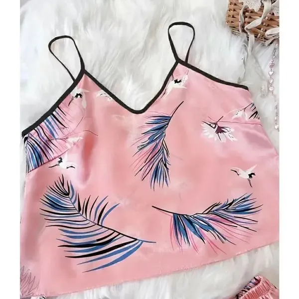 Bohemian Retro Plant Print Pajama Set, V Neck Cami Top & Short SZ L # 1636 - Image 3