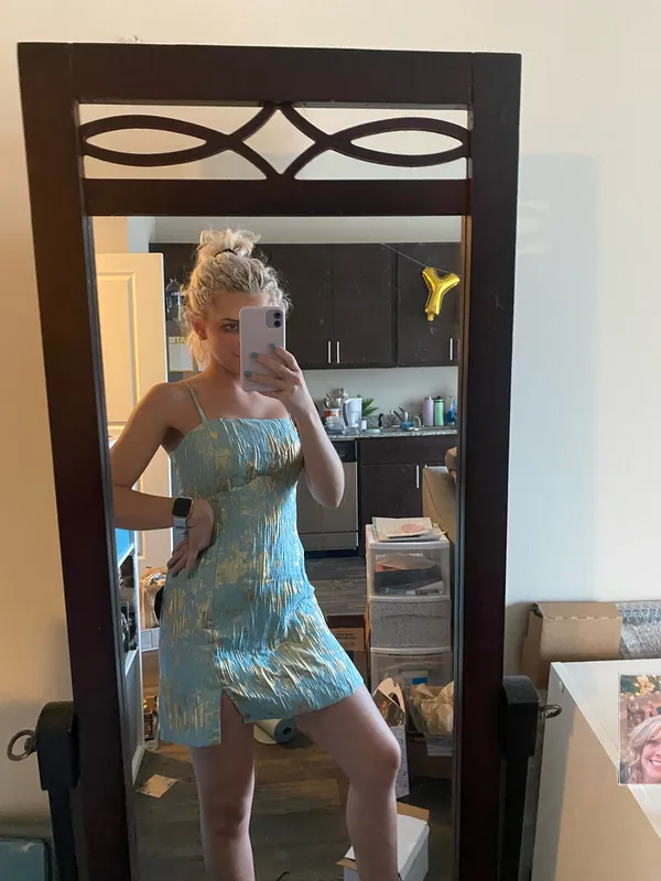 Lulus Sweetest Sensation Light Blue and Gold Jacquard Mini Dress - Image 2