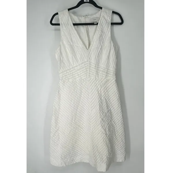 8 J.Crew White Chevron Pleated Dress Tall Sundress V-Neck 100% Cotton Women's - Image 3