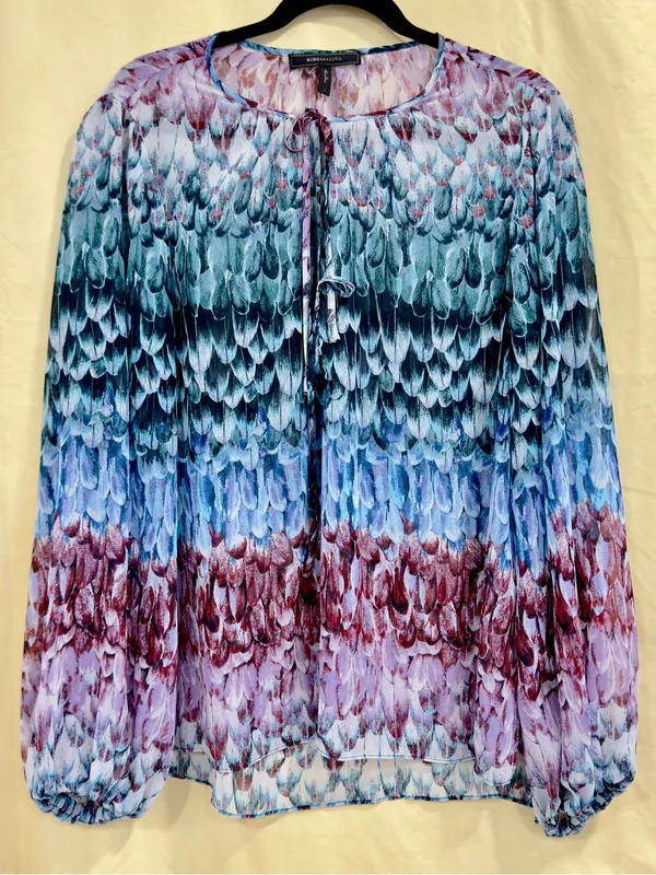 BCBGMAXAZRIA Feather Print Sheer Peasant Blouse Blue Purple Tie Neck Size L - Image 2