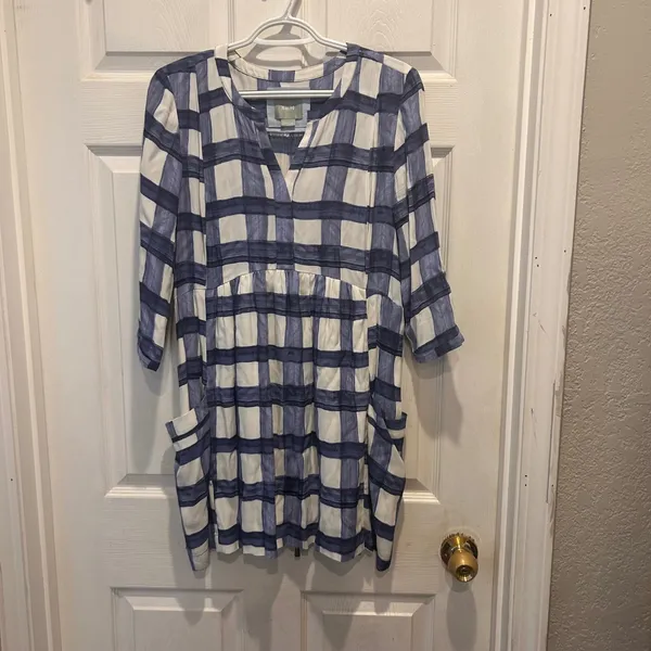 Maeve Devry Blue White Plaid Dress‎ Pockets Tie Waist 3/4 Sleeve XS Spring Party - Image 3