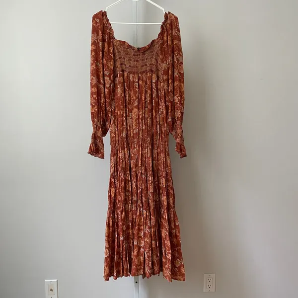 Free People Boho Coastal Smocked Floral Tiered Maxi Dress Small Rust - Image 7