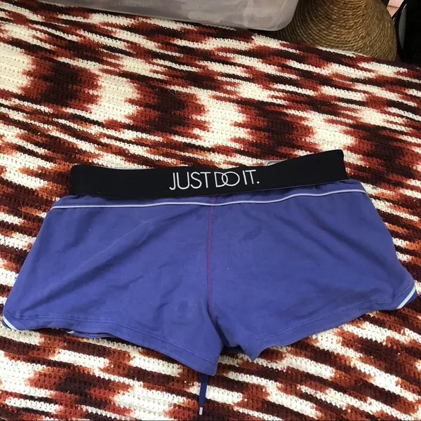 Nike Just Do It Fold over Y2K 2000s Micro Mini Booty Shorts Drawstring Low Rise Basketball Volleyball Purple Black #Retro #Sporty Size L Measurement in pics - Image 2