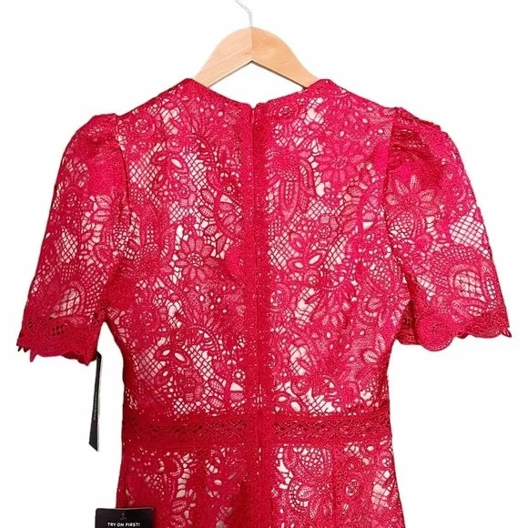 NWT Lulus Amore Dress Size XS Red Crochet Lace Midi Wedding Guest Cocktail Date - Image 7