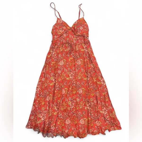HERE COMES THE SUN Women’s Floral Orange Maxi Dress With Spaghetti Straps Size M - Image 2