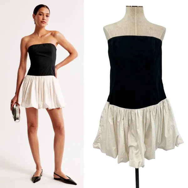 Abercrombie Bubble Hem Mini Dress Strapless‎ Black White Size XL - Image 2