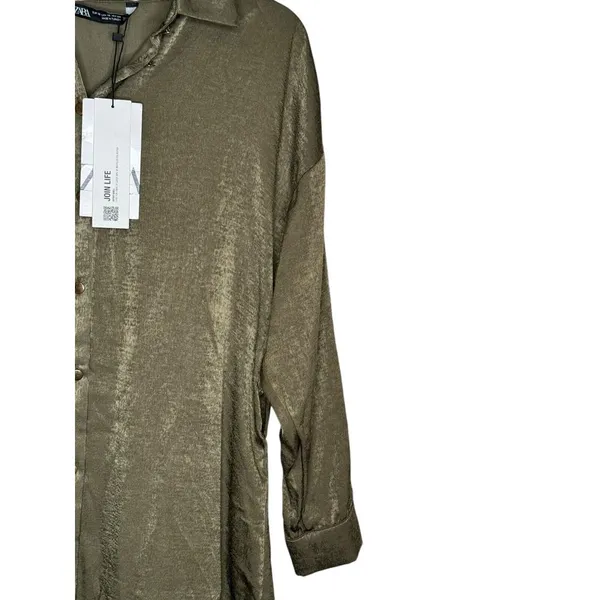 Zara Womens Dress Shirt Mini Collared Long Sleeve Satin Ruffled Hem Green XS NWT - Image 2
