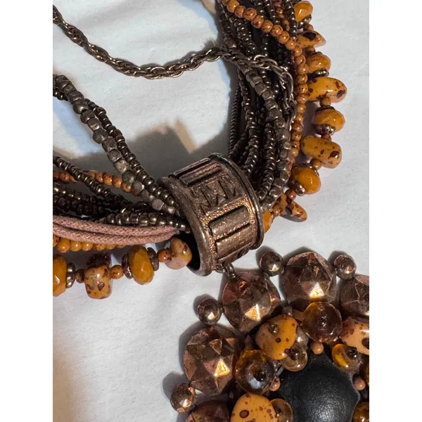 Brown Multi Strand Beaded Necklace Statement Pendant Boho Tribal 11” - Image 3