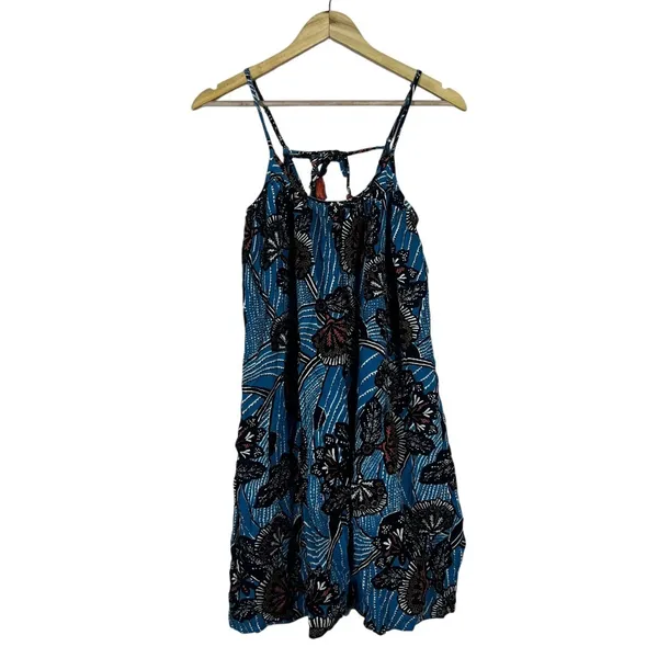 Anthropologie Deja Floral Batik Print Mini Dress Blue Boho Tassel Tie Size XS - Image 2