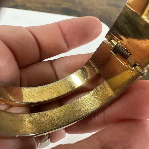 Loewe Gold Tone Black Leather Hinged Bangle Cuff Bracelet 7in Logo Designer - Image 12