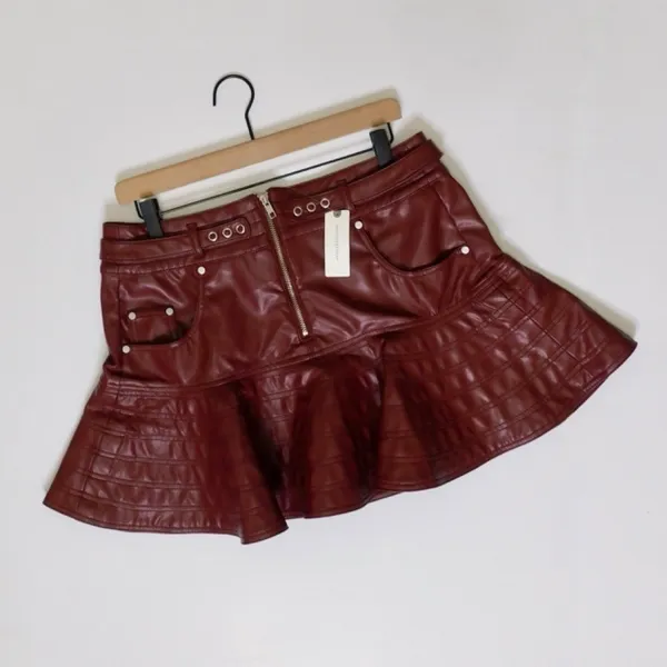 NWT!! Anthropologie PILCRO Fit-and-Flare Faux Leather‎ Mini Skirt Wine Moto 12 - Image 2