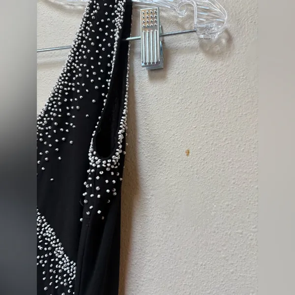 Vintage 90s Black Beaded Midi Dress Asymmetrical Formal Prom Wedding Guest M - Image 8